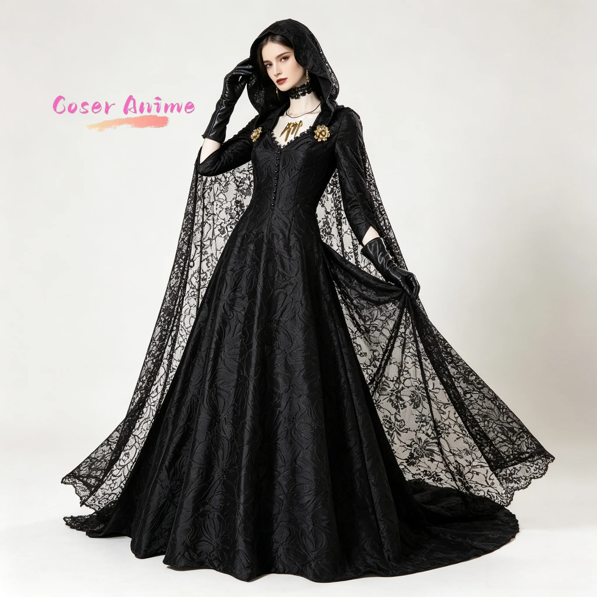 Neues Lady Daughter Bela Dimitrescu Cosplay-Kostüm, schwarzes Kleid, Umhang, Handschuhe, ausgefallenes Damen-Set für Weihnachten, Spielparty, maßgeschneidert