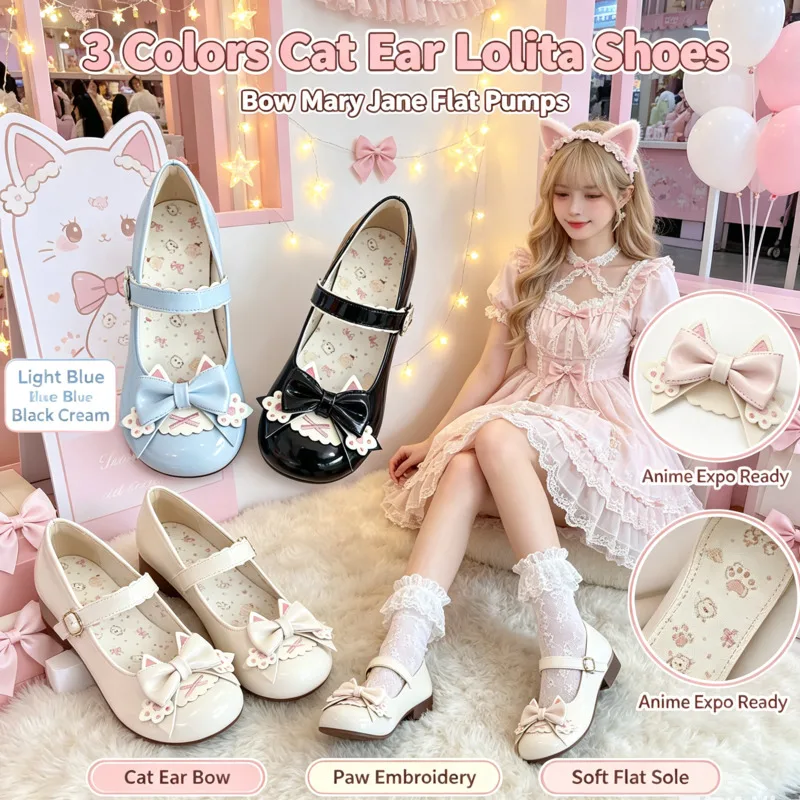 Lolita Bow Mary Jane Women Kawaii Round Toe Low Heel Shoes Cat Paw Bow Decor Pumps For Cosplay Tea Party Daily Holiday Gift New