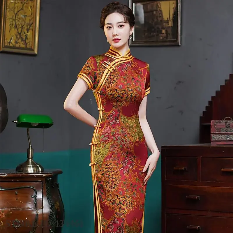 

Sexy Slim Split Chinese Dress Qipao Vintage Classic Lady Long Qipaos Traditional Mandarin Collar Cheongsam Print Flower Vestidos