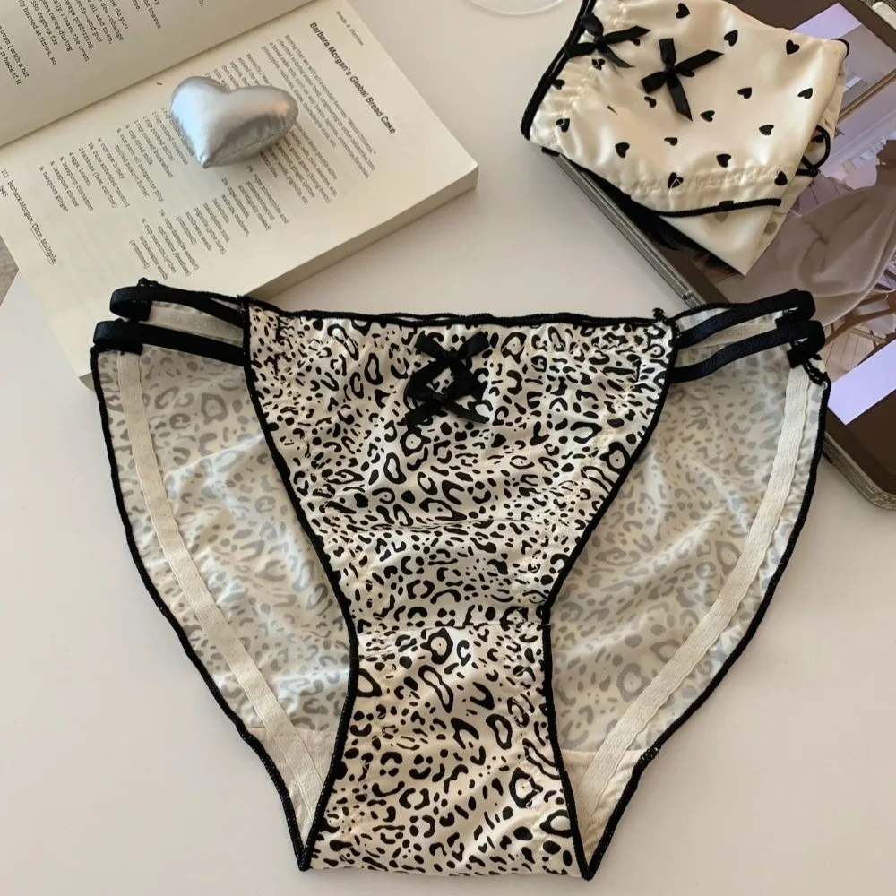 Breathable Ruffle Satin Silk Panties Low Waist Leopard Print Underwear for Women Hollow Love Heart Sweet Bow Briefs Comfortable