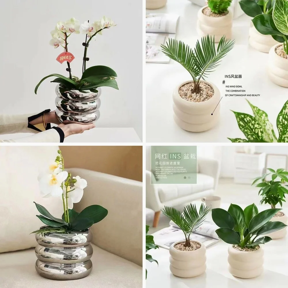 Simple Ceramic Flowerpot Office Desktop Green Plant Flowerpot Wind Silver Small Vase Flower Arrangement Decor Desktop Ornament