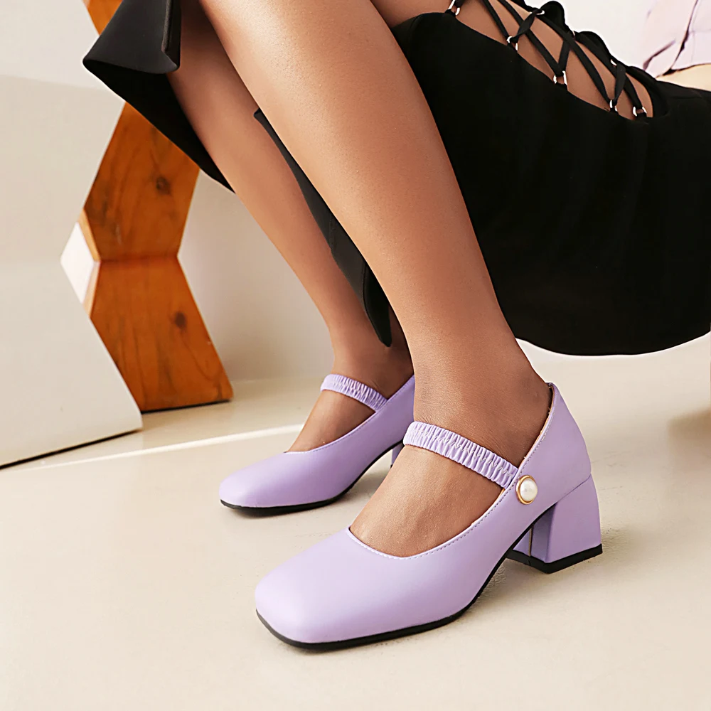 Japanese Sweet Lolita Med Chunky Heels Square Toe Pearl Elastic Band Strappy Princess Shoes Plus Size 34-48 White Purple Blue