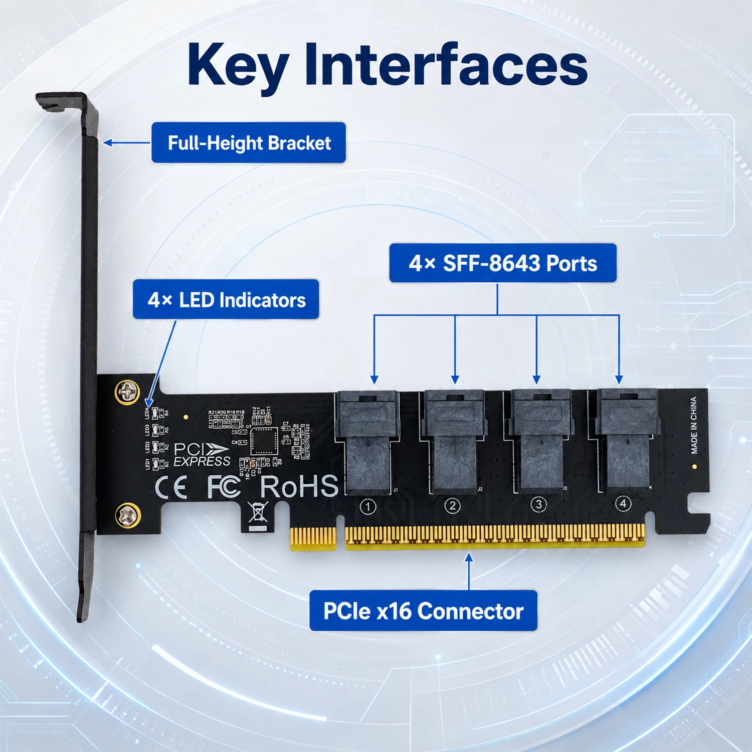 PCIe Gen4 X16 to 4X SFF-8643 U.2 NVMe SSD Adapter Card, SFF-8639 Storage Expansion for Server Workstation PC with LED Indicator