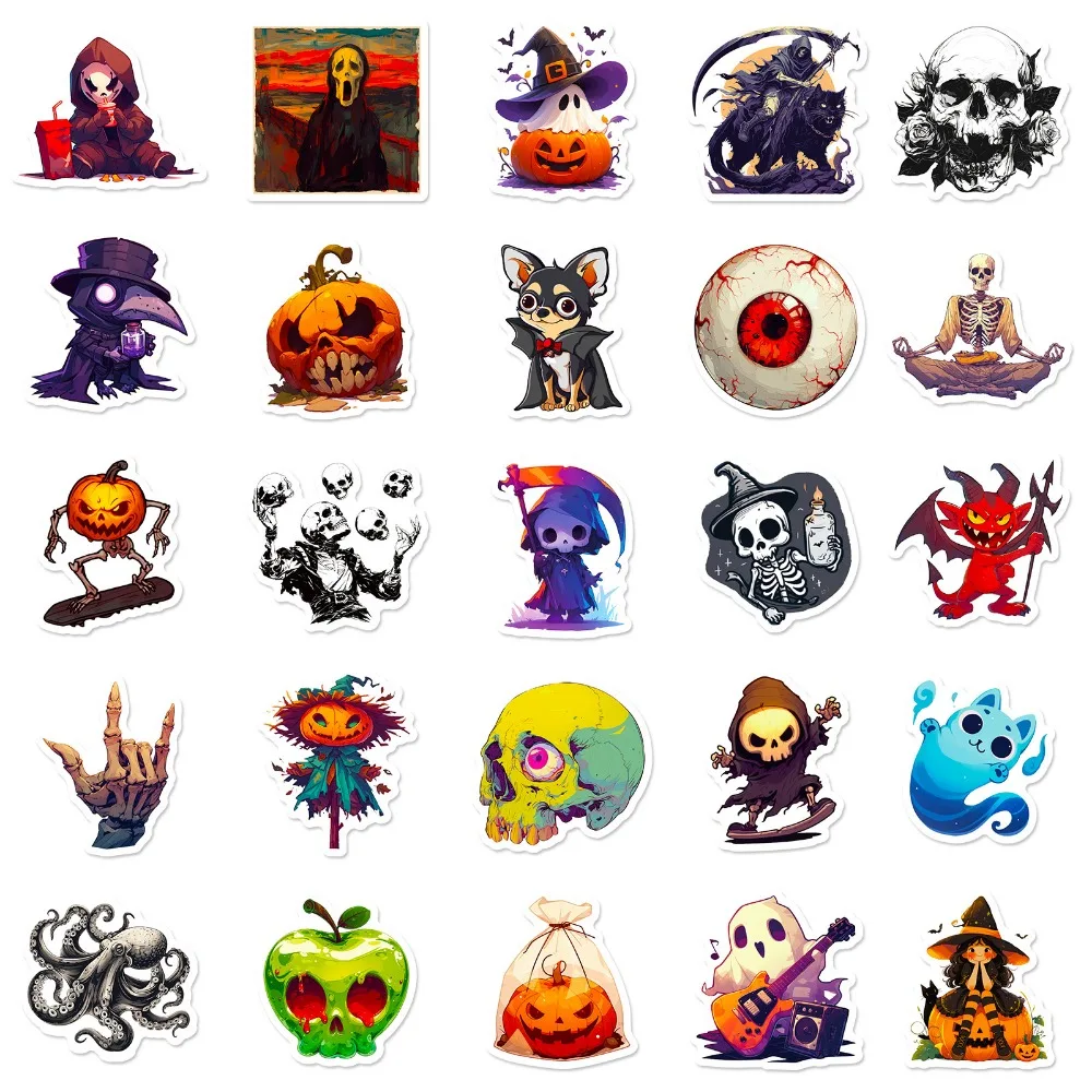 50pcs Halloween Stickers Skeleton Pumpkin Witch Reaper Cartoon Graffiti Stickers DIY Laptops Water Bottles Decorative Stickers