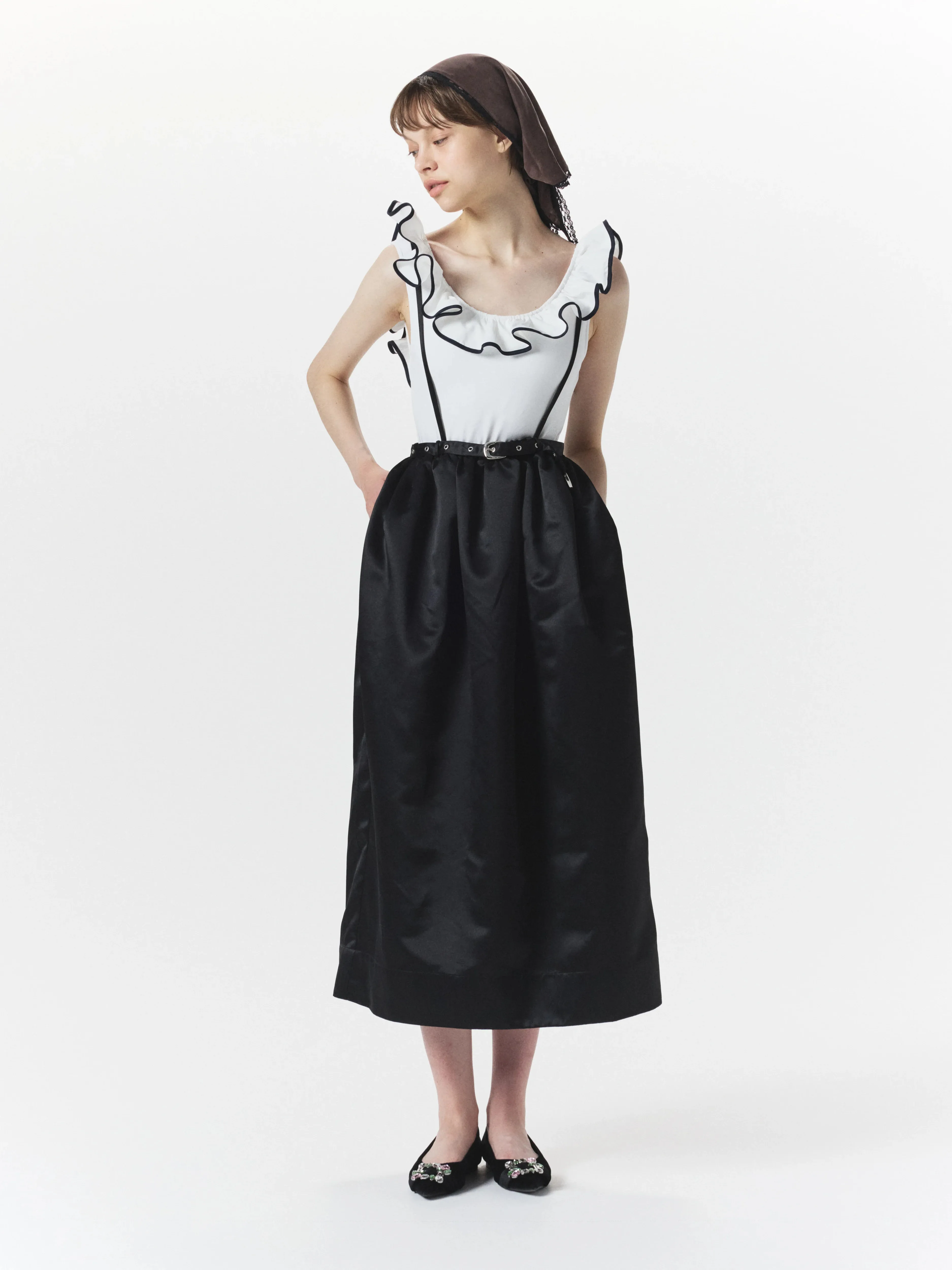 

Casual High Waist Bubble Hem Suspender Skirt Japanese Fashion Sweet Black Skirt Women's Elegant High-end Long Skirt Lady