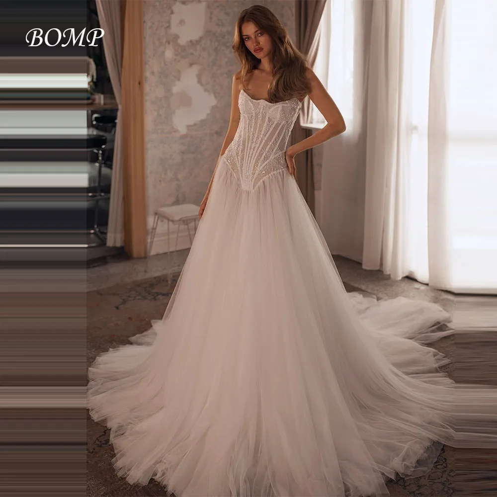 BOMP Vintage Lace Tulle A-Line Abiti da sposa Senza spalline Senza maniche Sweep Train Abiti da sposa Graceful Mariage Personalizzato 2026