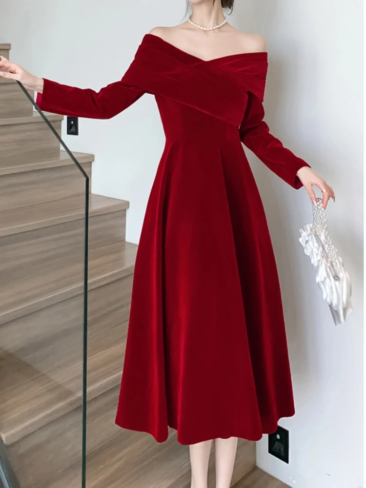 Elegant Women Casual A-Line Party Red Dress Long Sleeve Vintage Chic Prom Birthday Dresses Female Fashion Robe Vestidos Spring