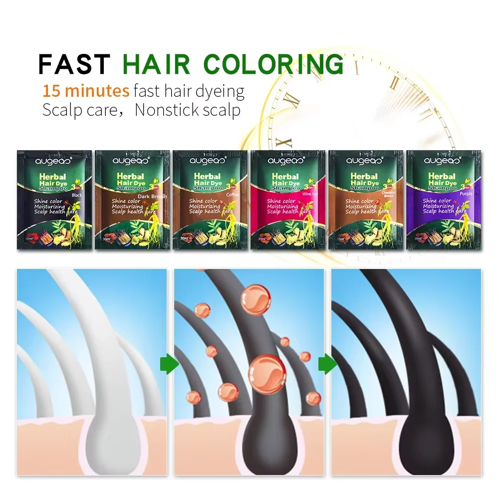 Herbal Natural Plant Hair Dye Shampoo Fast Grey Hair Dyed Black  6 Color Coffee Red Purple Salon & Home Hair Color 30/500ml