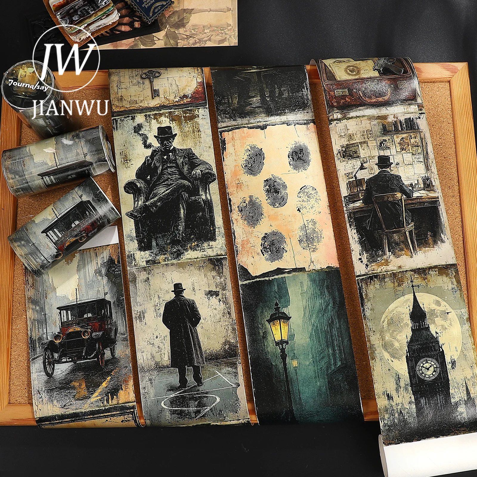 

JIANWU 80mm*205cm Vintage Detective Character Landscape Material Collage Scrapbook Washi Tape Creative DIY Journal Stationery