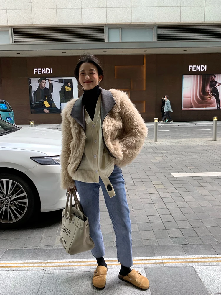 영 스타일 양털 재킷 202 신상 여성 의류 패치워크 긴 소매 코트 영국 출퇴근 스타일 레귤러 길이