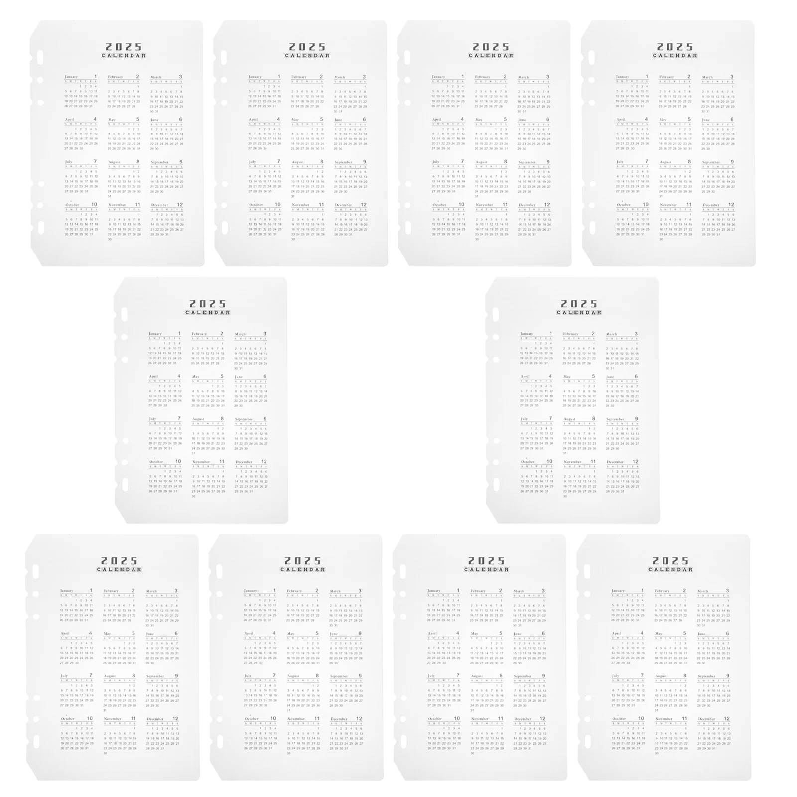 

10 шт., прозрачные матовые разделители для календаря, 6 отверстий, полипропиленовый материал, устойчивый к царапинам для вставок-планировщика формата А5, ежемесячно на 2025 год