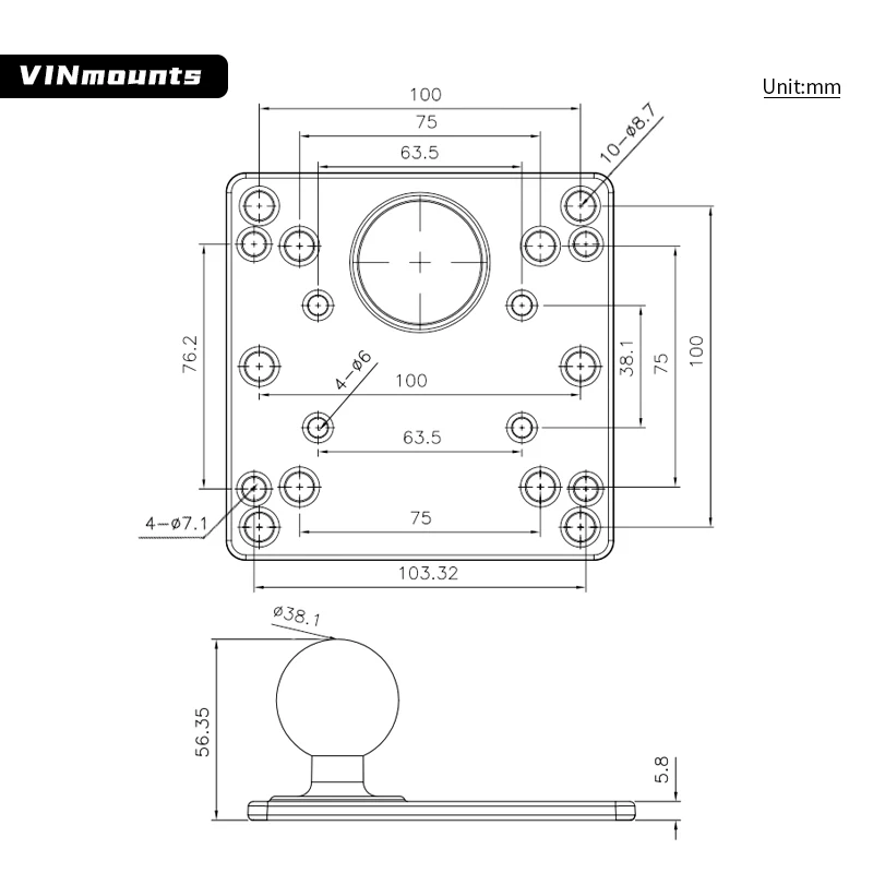 VINmounts 1.5in Ball Mount 100x100mm VESA Plate Square Base for Monitor TV Truck RAM C Size Compatible