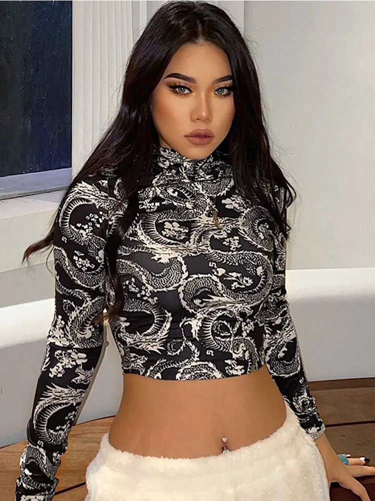 Fashion Trend Women\'s Stylish Dragon Printed Crop Tops Long Sleeve High Collar Slim T-shirt Skinny Tees for Spring Autumn