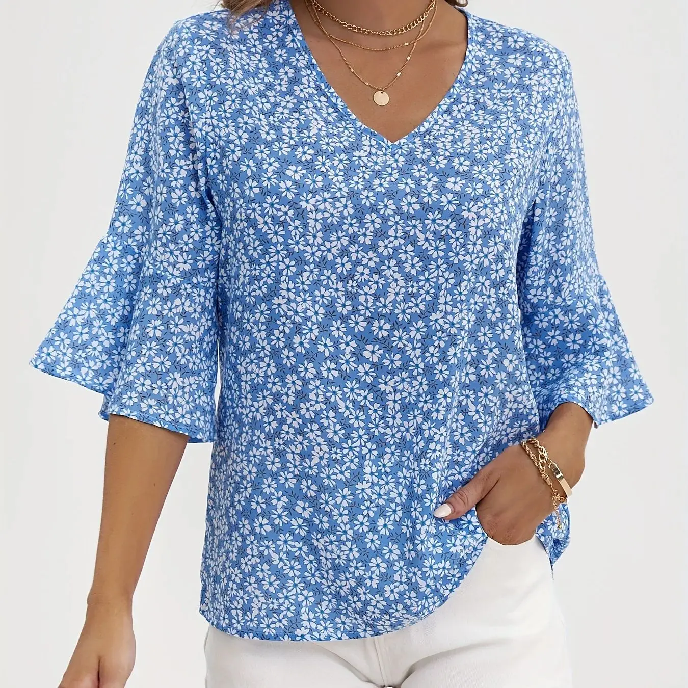Neues modisches Damen-Sommer-Chiffon-Hemd mit Blumenmuster und V-Ausschnitt – Detail 3