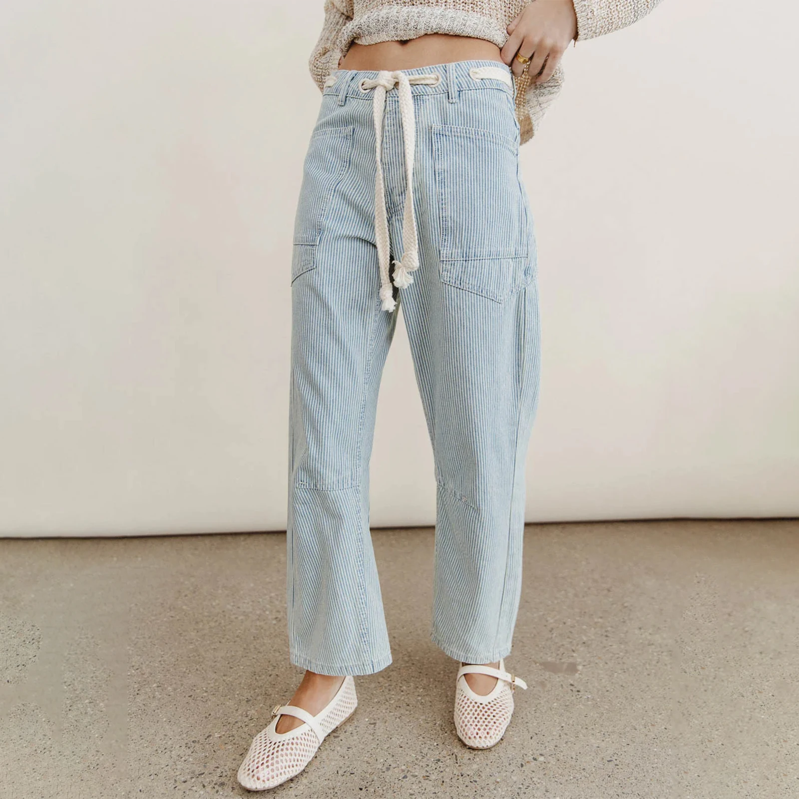 여성용 데님 팬츠 패셔너블 캐주얼 하이웨이스트 드로스트링 스트라이프 진 포켓 포함