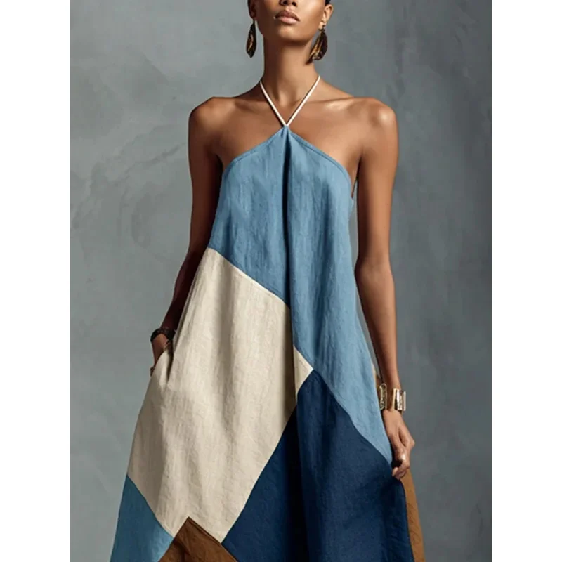 Color Block Halter Neck Maxi Dress for Women Girls Geometric Print Sleeveless Loose Fashion Casual Summer Style Vacation Dress