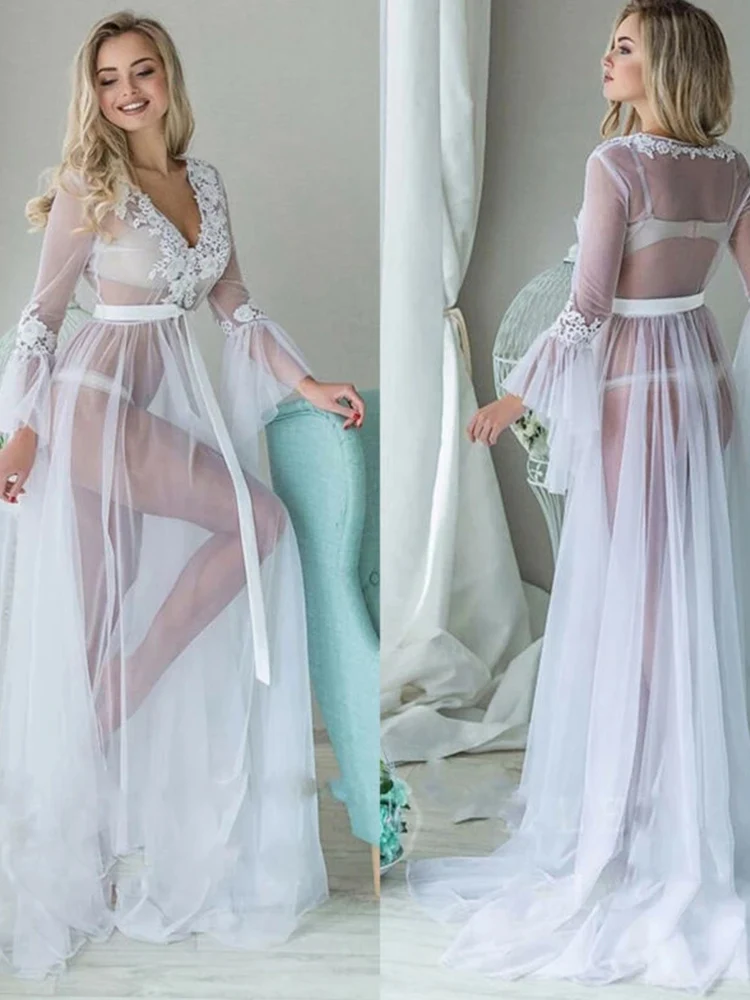 Women Sexy Long Petal Sleeve V Neck Lace See Through High Waist Lace Up Maxi Dress White Beach Bathing Wrap Bikini Cover Ups