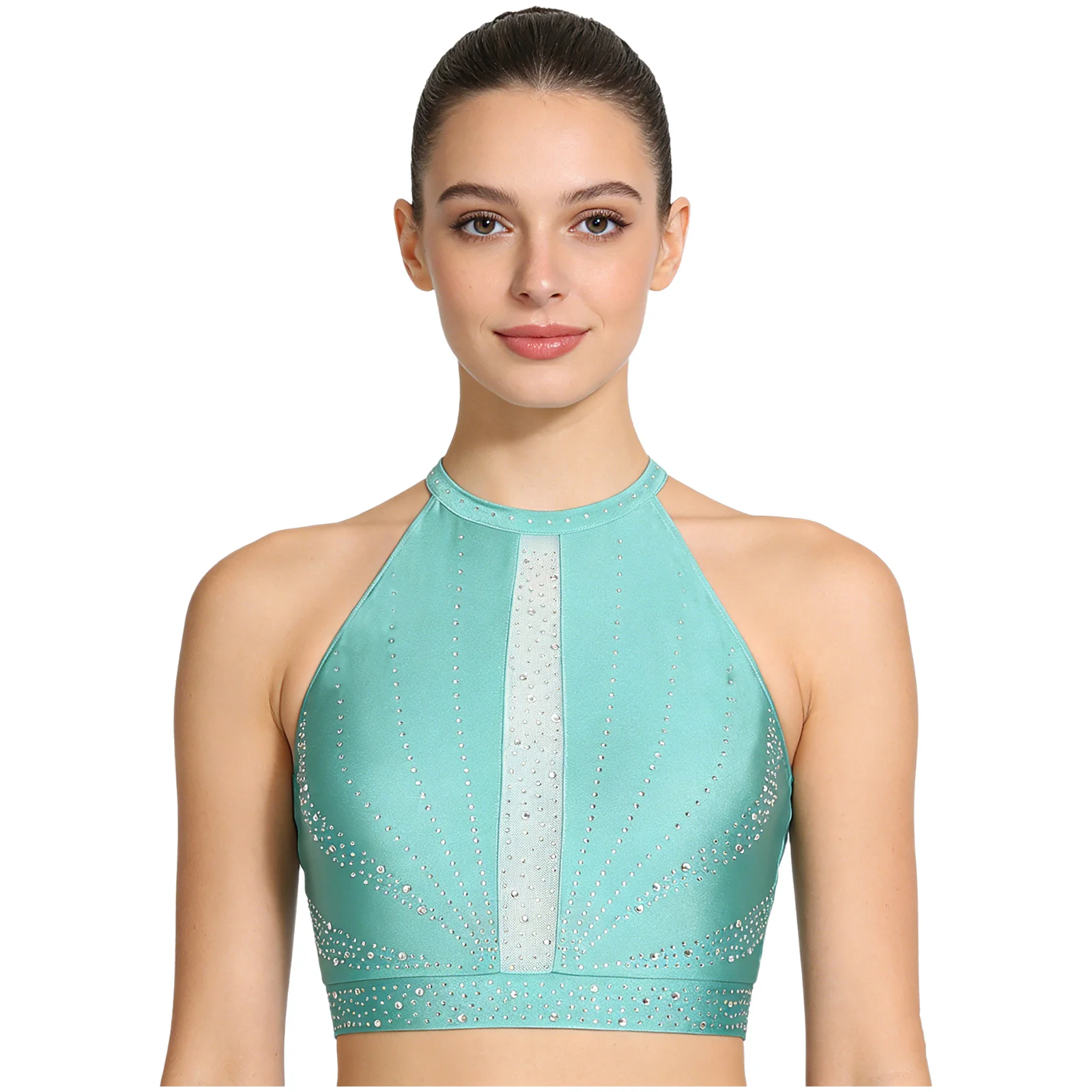 

Women Skating Lyrical Dance Vest Crop Tops Sleeveless Hollow Out Rhinestones Top Belly Dance Costume for Performance Competition