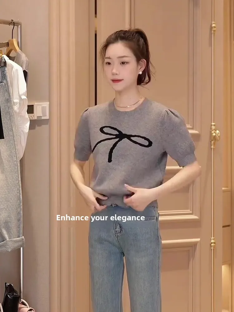 

Donna Women's Summer Vintage Bow Tie Bubble Sve Design Anti-Aging Knitwear Casual Commute ort Sve Pullover Top