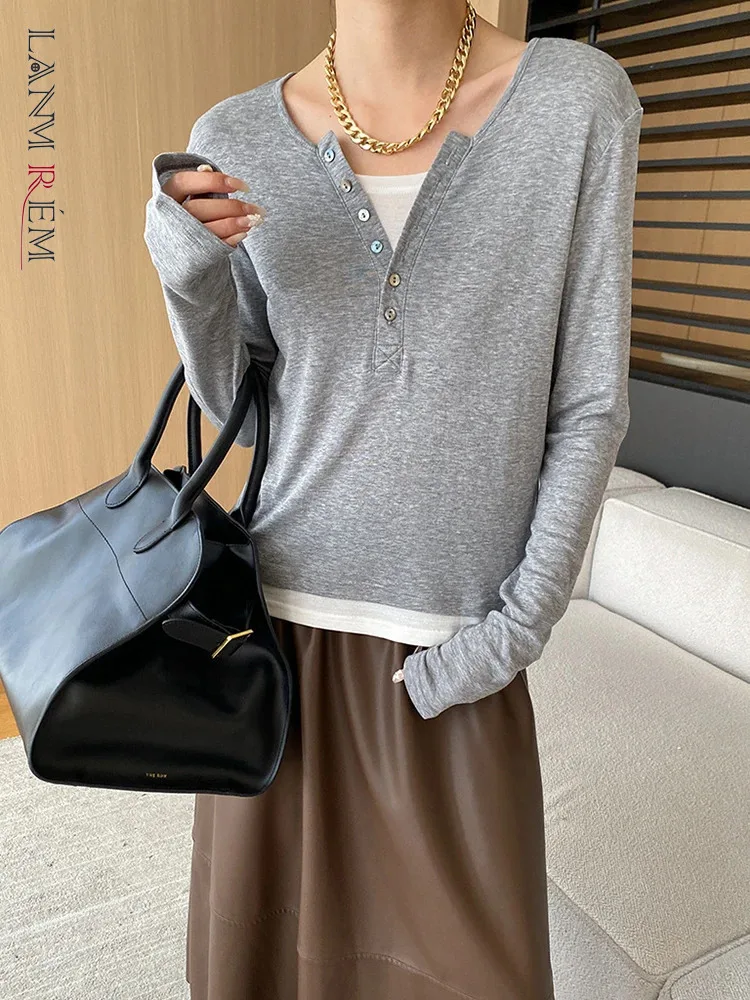 [LANMREM] Minimalism Contrast Color T-shirt Round Neck Long Sleeve Office Lady Fit Fashion Female Tops 2024 Autumn New 26C455