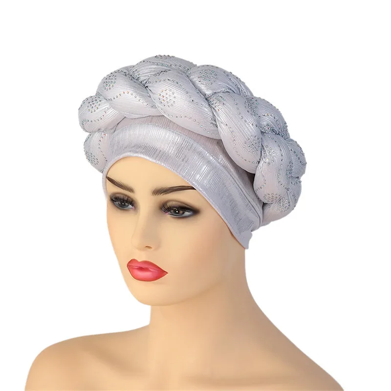 Glitter Diamonds Braids African Autogele Headtie Women Turban Cap Female Head Wraps