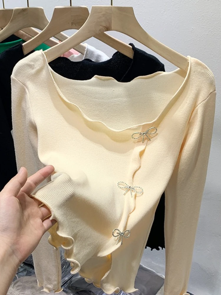 Gentle Unique Design Slim Knit Base Top 2026 New Autumn Winter Irregular Bow Knit Women Pullover Korean Style Sweater