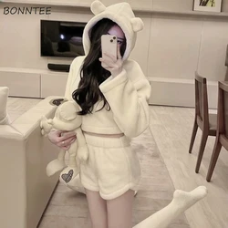 Long Sleeve Pajama Sets Women Solid Hooded Simple Shorts Design Kawaii Sweet Girls Thicker Winter Two-piece Outfits Sleepwear