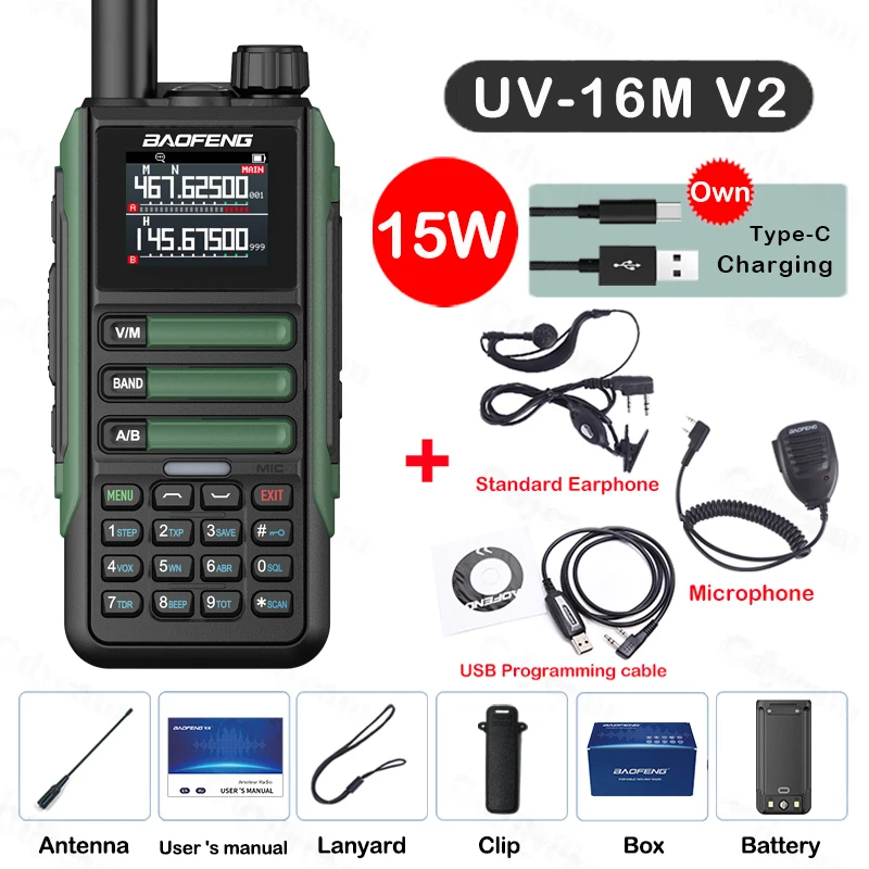 Upgrade Baofeng UV16M V2 Walkie Talkie 15W Hoge capaciteit AM FM 2-weg radio Volledige band LCD 999CH Frequentie Kopie NOAA Ruisonderdrukking
