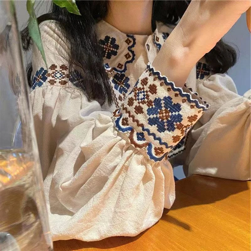 2024 Women Spring Blouse Vintage Ethnic Style Peter pan Collar Long Sleeve Loose Embroidered Pullover Shirt Casual Top