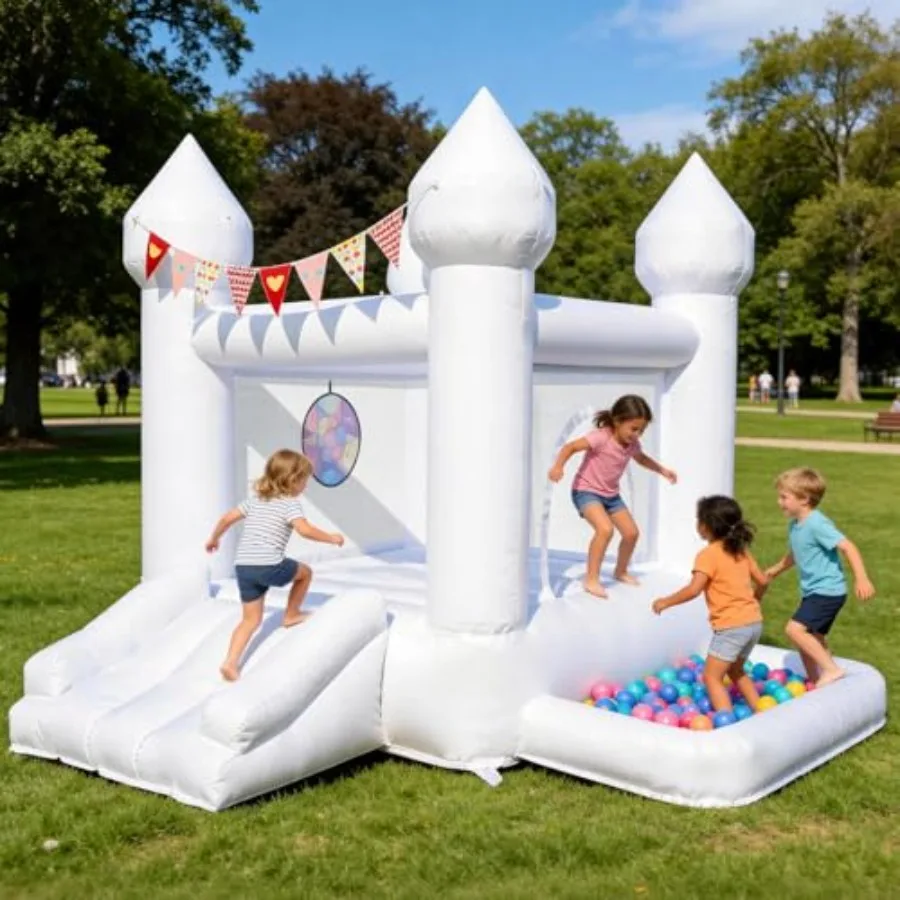 

9FT 100 PVC White Bounce House for 3-6, Indoor/Outdoor Inflatable Castle with Blower, Durable Safe Party Decoration