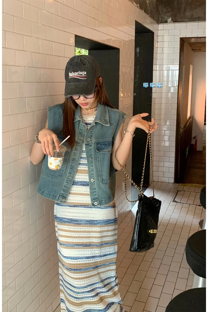 

Blue Faded Denim Vest Women's Svel Loose Slimming Outerwear Top Yang Bubble Summer New Sle Commute Sle Pure Color