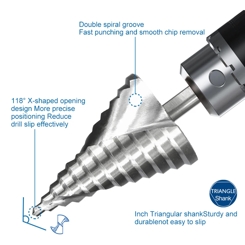 CMCP 1pc Step Cone Drill HSS 4-20/4-32/6-60mm Step Drill Bit Spiral Grooved Pagoda Drill Triangle Shank Hole Cutter