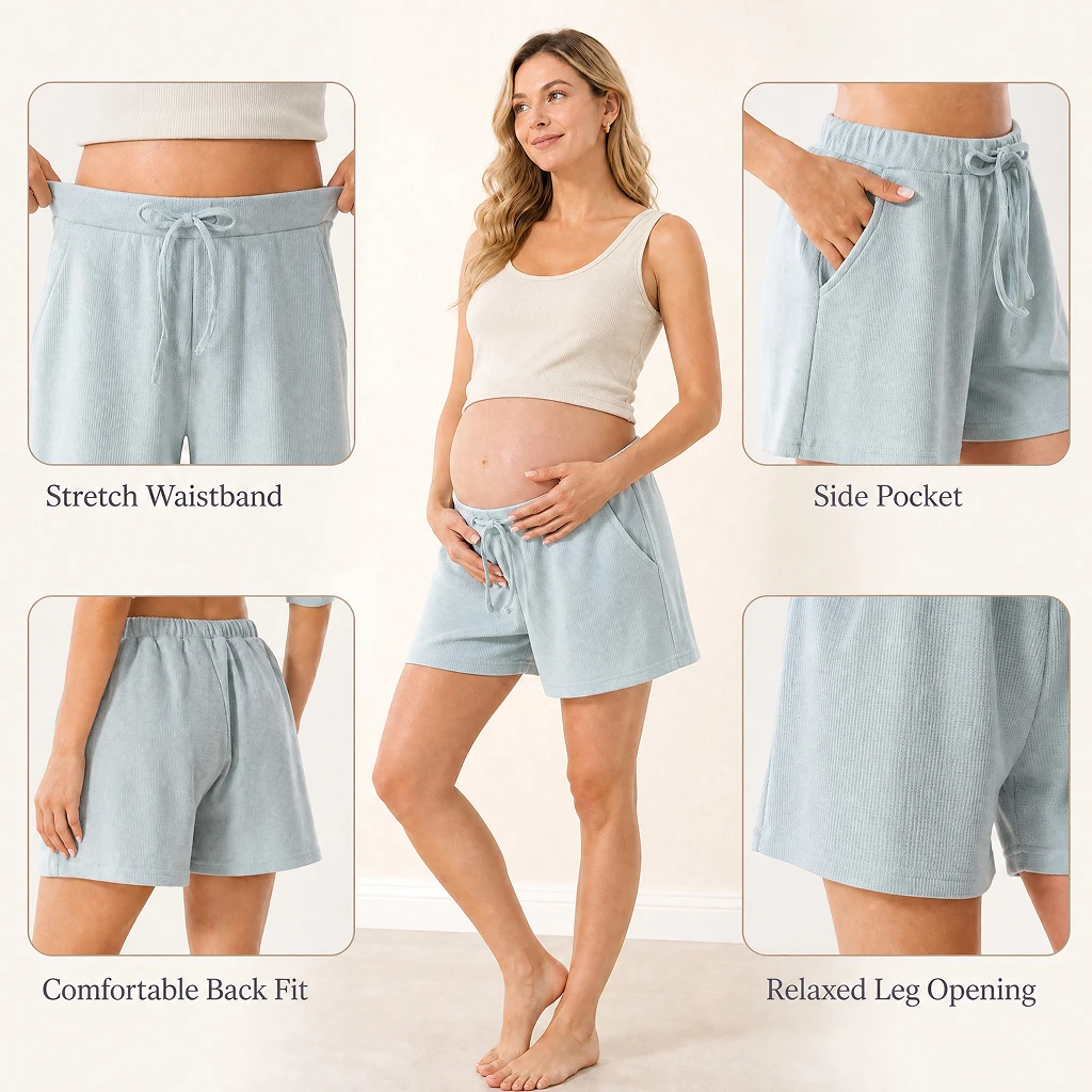 Women's Maternity Waffle Knit Shorts Loose Elastic Waist Casual Pregnancy Shorts with Pockets Home Lounge Wear