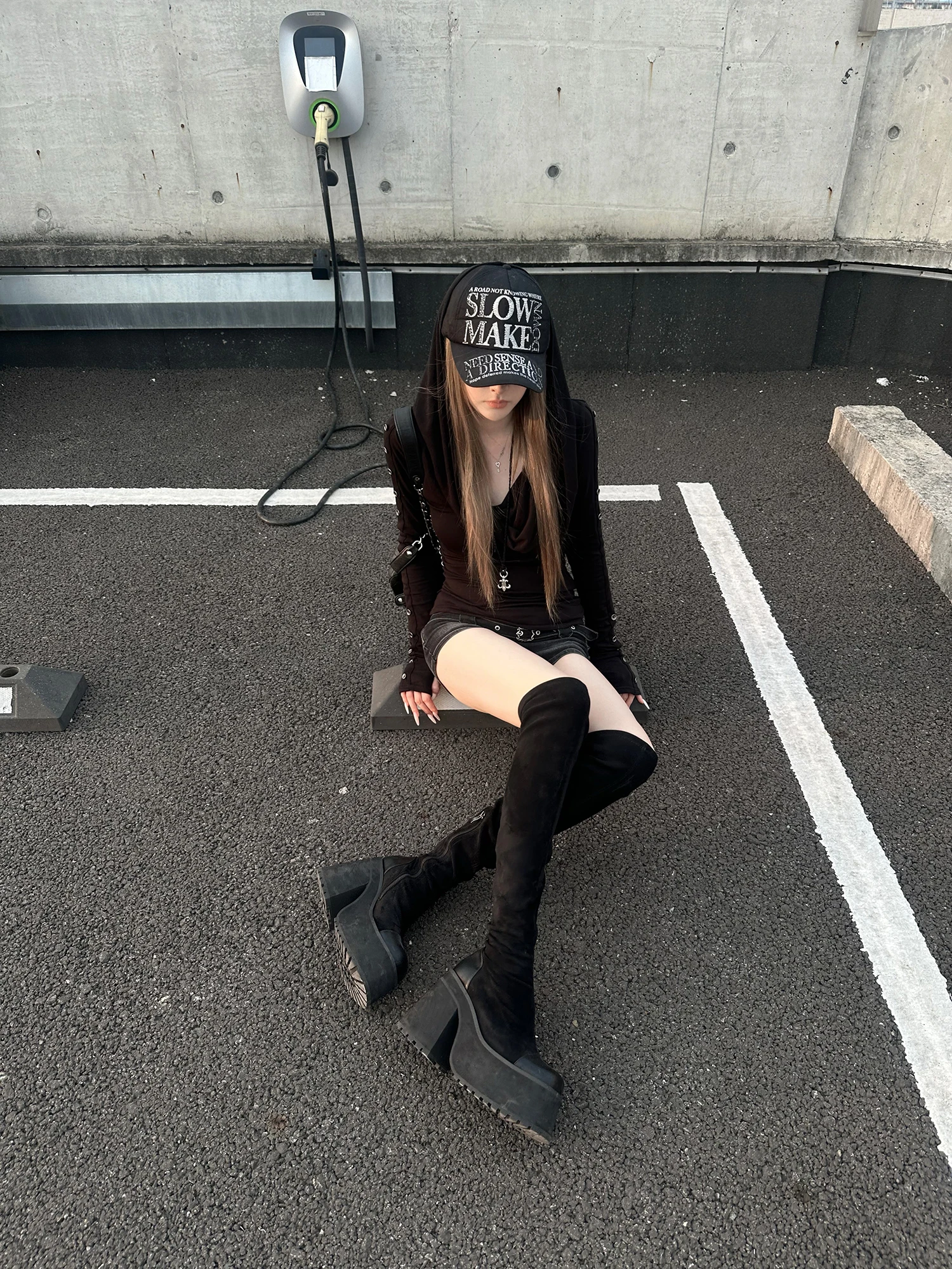 Rase Le Sol Neon Rebel Black Hooded Long Sleeve T-Shirt Silk Wool Slim Fit Neck Swing Women's Fashion Dark Style Clothing