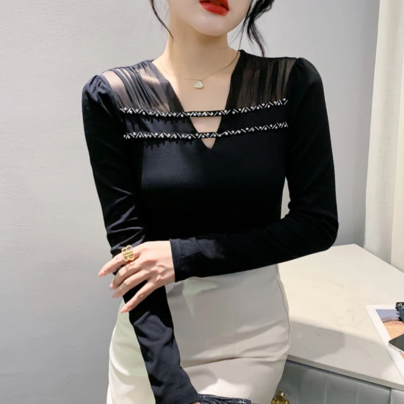 مثير الجوف خارج V-Ne طويل Sve المرأة قاعدة irt Me لصق تي شيرت Ele سليم صالح العصرية مزيج القطن الخريف جديد Arr...