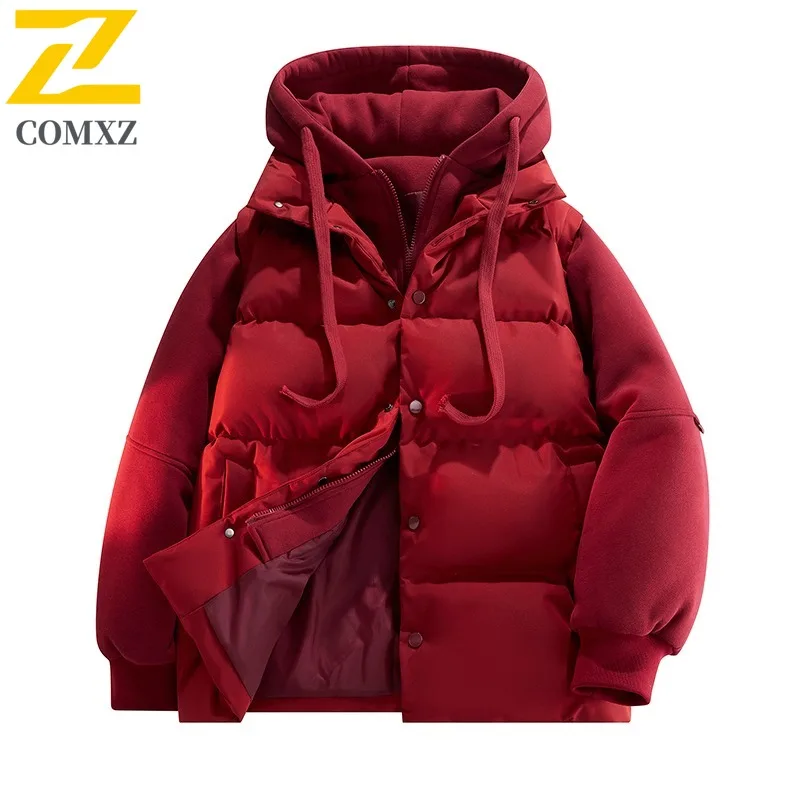 COMXZ 2025 Winter Mens Two Piece Style Thick Puffer Jacket Loose Fit Hooded Short Coat Fashion Outwear Long sleeve windbreaker