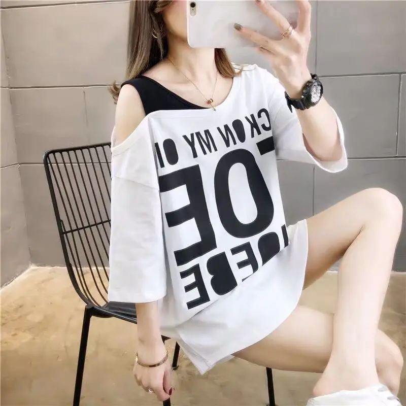 Tops Woman Long Graphic Baggy Short Sleeve T Shirt for Women Off Shoulder Summer Outfit 90s Vintage Y2k Clothes Korean Style Yk2