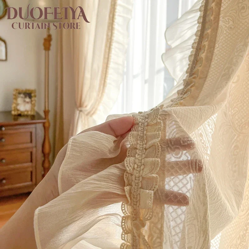 

French Retro Three-dimensional Relief White Tulle Window Screen Lace Sheer Curtains for Living Room Bedroom Decor Blackout