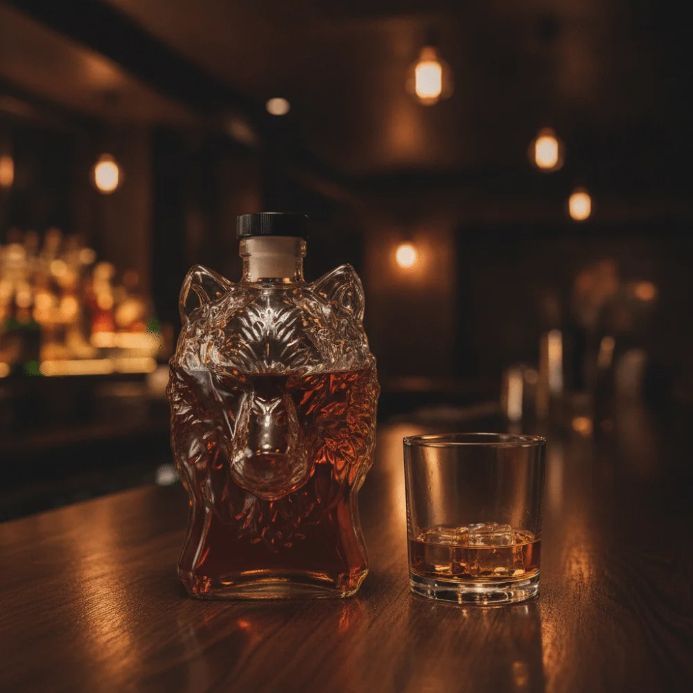 Class Glass Wolf Head Shape Wine Bottle Corrosion-resistant Leak-Proof Liquor Bottle Refillable Transparent Wine Decanter Bar