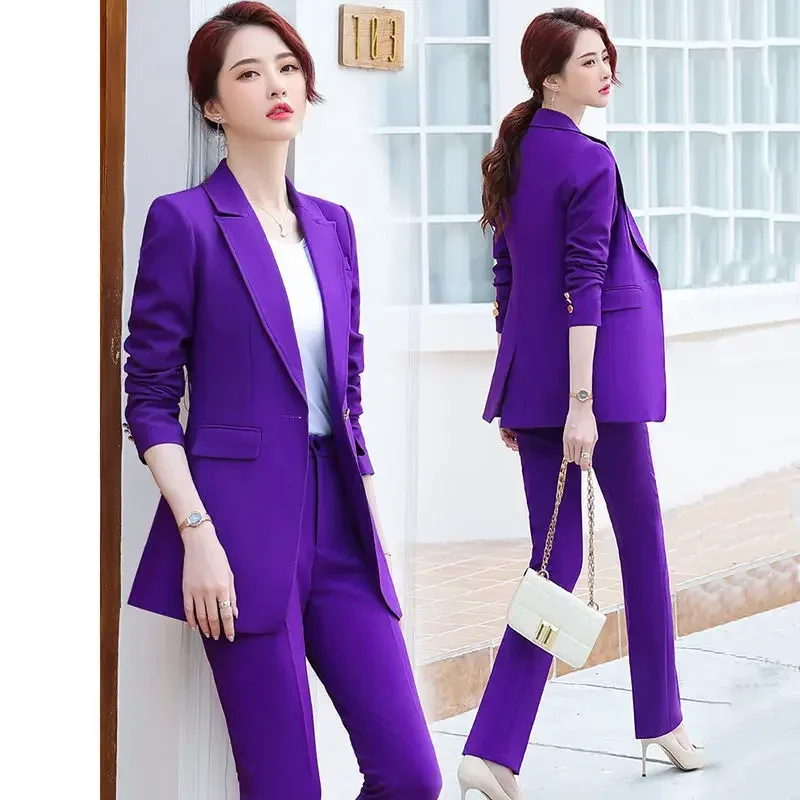 Blazer moda abito da ufficio di alta qualità giacca e pantaloni viola Set da 2 pezzi nuovo vestito in vita abiti temperamento per le donne