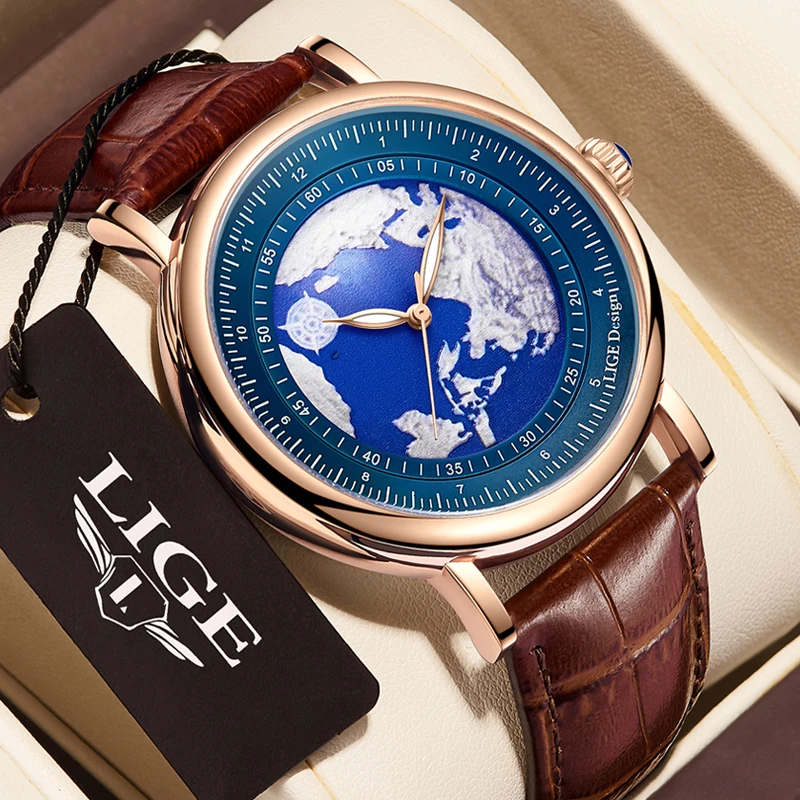

LIGE New Watch Man Business Quartz Wristwatches Fashion Earth Dial Calendar Waterproof Men Watch Reloj Hombre