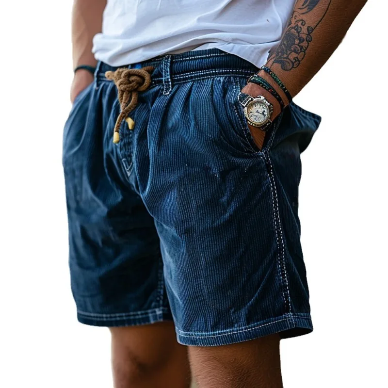 Casual Vintage Corduroy Elastic Waist Drawstring Shorts for Men