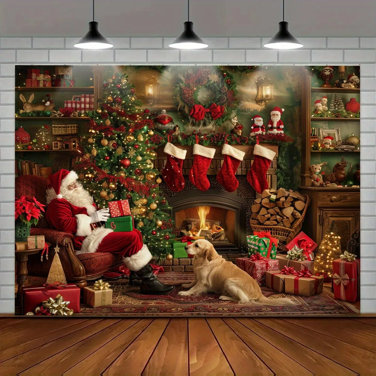 Christmas Day party decoration background cloth Santa Claus fireplace tree garland tapestry suitable for home outdoor