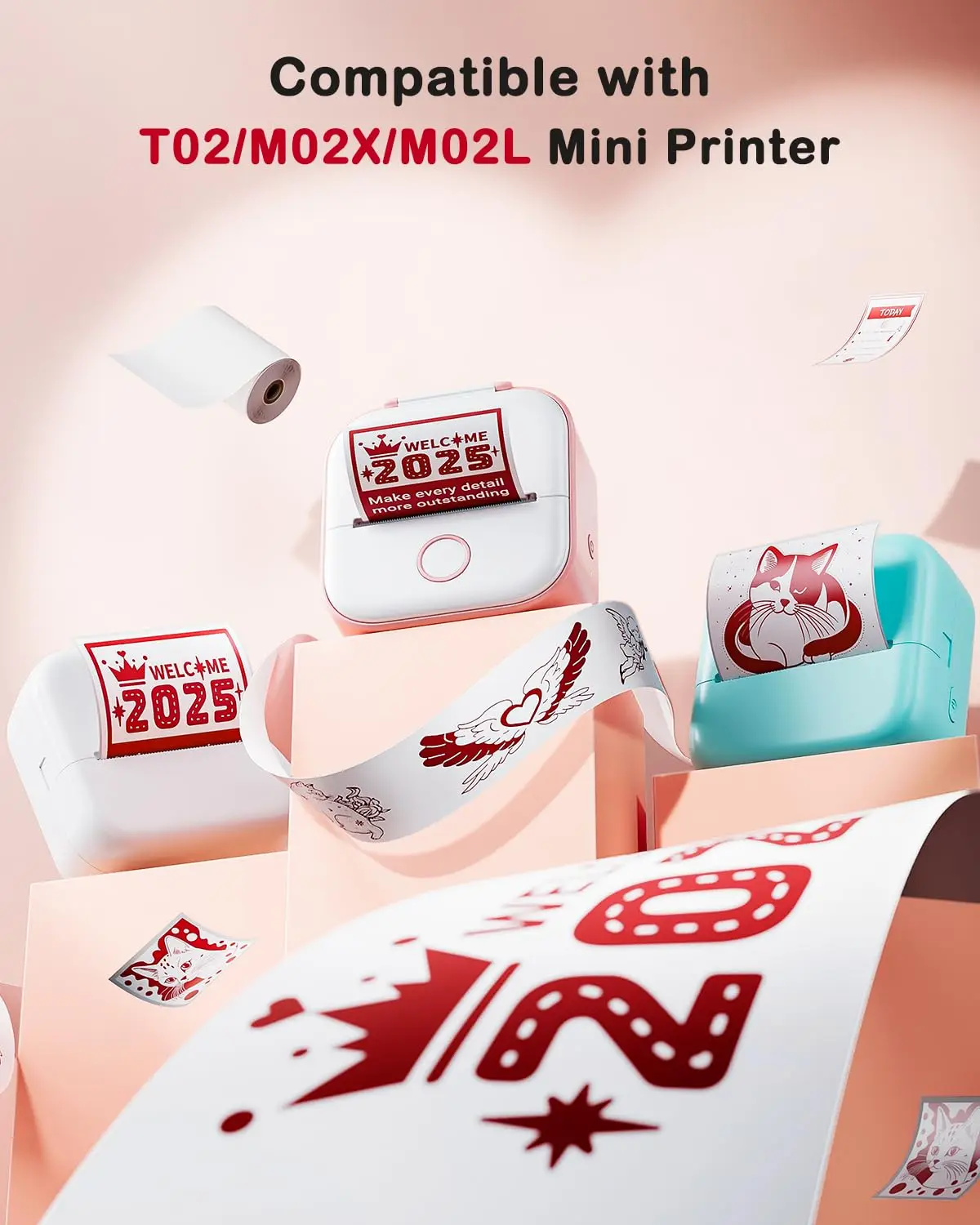 5 لفات Phomemo T02 طباعة ورق حراري لاصق أحمر، ورق طابعة ملون، متوافق مع T02/M02X/M02L