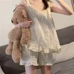 Conjunto de pijamas sin mangas para mujer, ropa de dormir Sexy, camiseta sin mangas, traje de pantalones cortos, ropa interior bonita, ropa de dormir suave, ropa de dormir de encaje