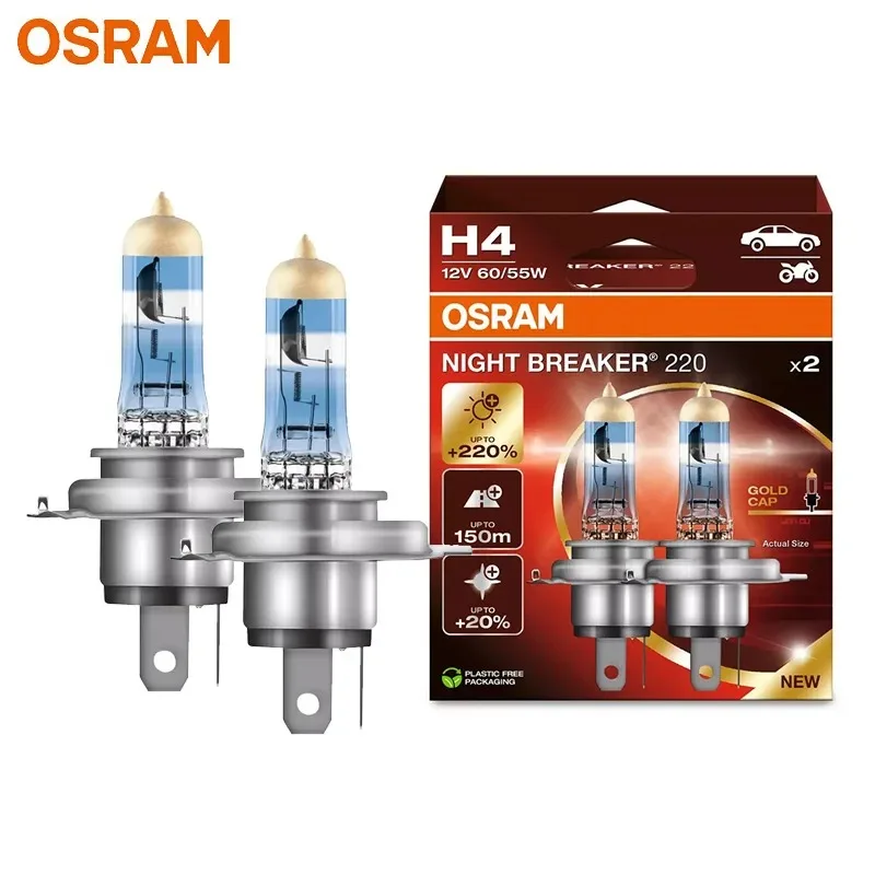 Lámpara Halógena para Auto OSRAM Night Breaker 220 H4 12V 60/55W +220% Mayor Brillo +150m Luz de Largo Alcance, Luz Alta y Baja Original, Hecho en Alemania 2X
