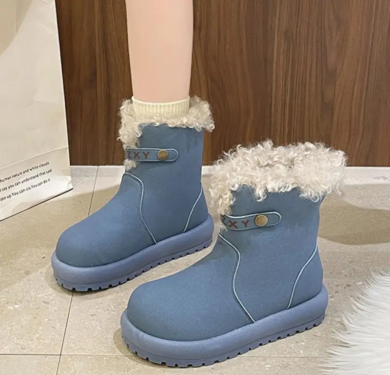 Metal Buckle Decorate Casual Snow Boots Faux Suede Warm Lambswool Women Ankle Boots Winter Thick Sole Non Slip Mid-Calf Booties