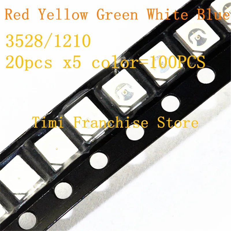 Kit de diodes électroluminescentes, 20 pièces x5 couleur = 100 pièces 3528 SMD LED 1210 rvb rouge jaune vert blanc bleu clair