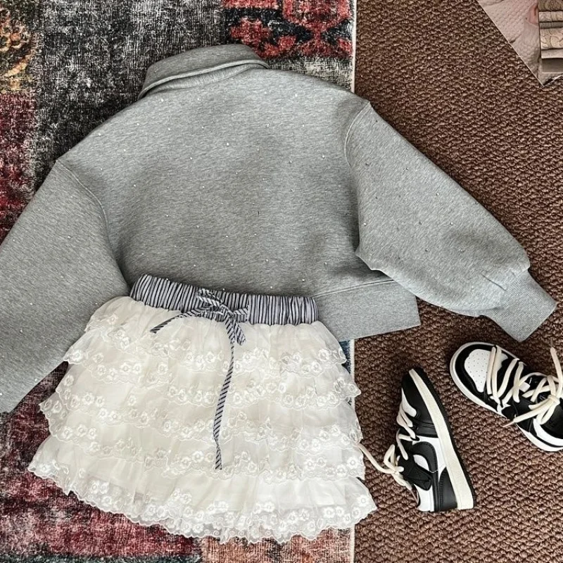 

Girls' sweatshirt set, new stylish and fashionable children's spring-summer collared sweatshirt with lace half-skirt two-piece s