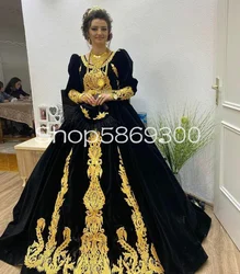 CustomizedBlack Velvet Long Sleeve Dimija albanisch Prom Dress for Women Gold Lace Applique karakou Caftan Evening Gown Algerien